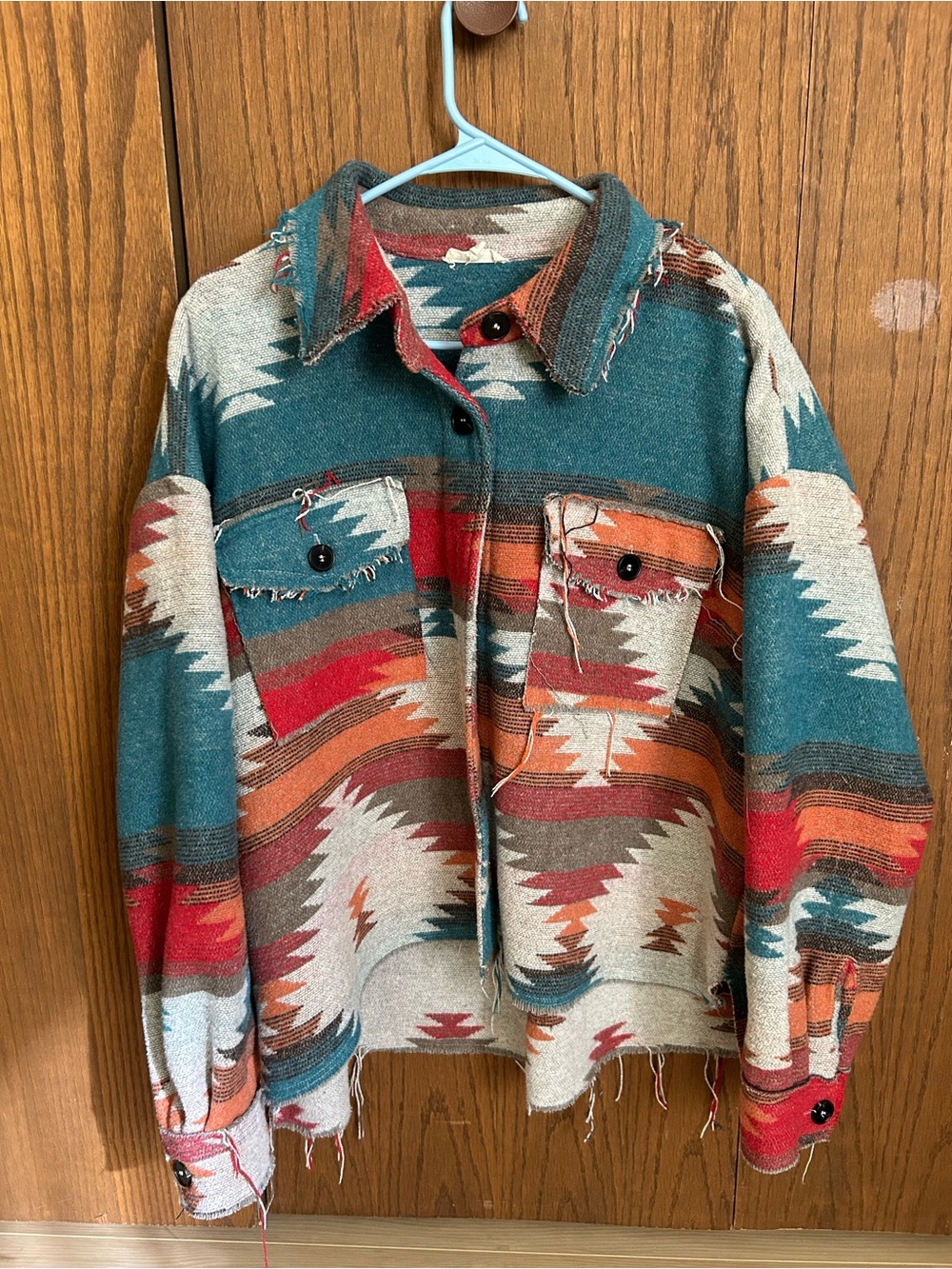 Southwestern Aztec Pattern Button-Up Shacket in Teal, Red & Cream